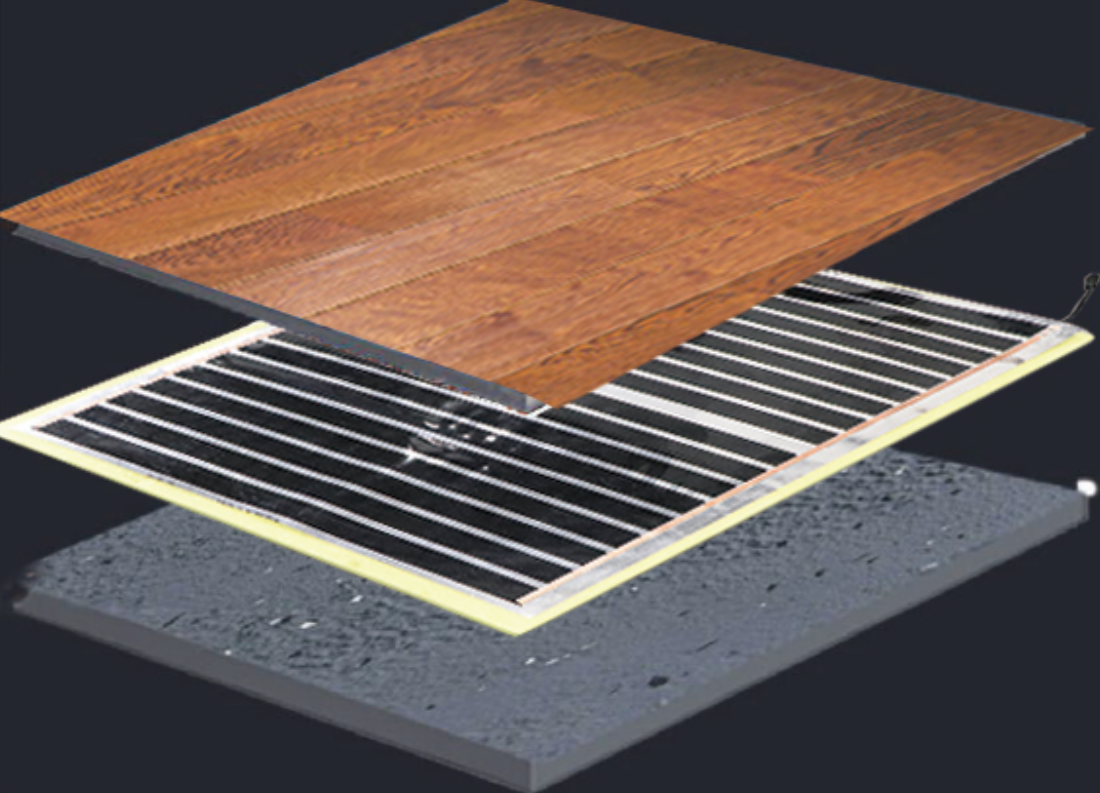 Graphene far infrared heating module installed beneath wood flooring